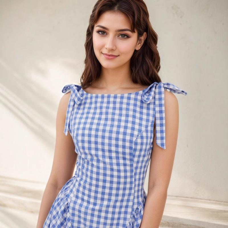 A Women's Fashionable and Elegant Checkered Striped Strappy Dress