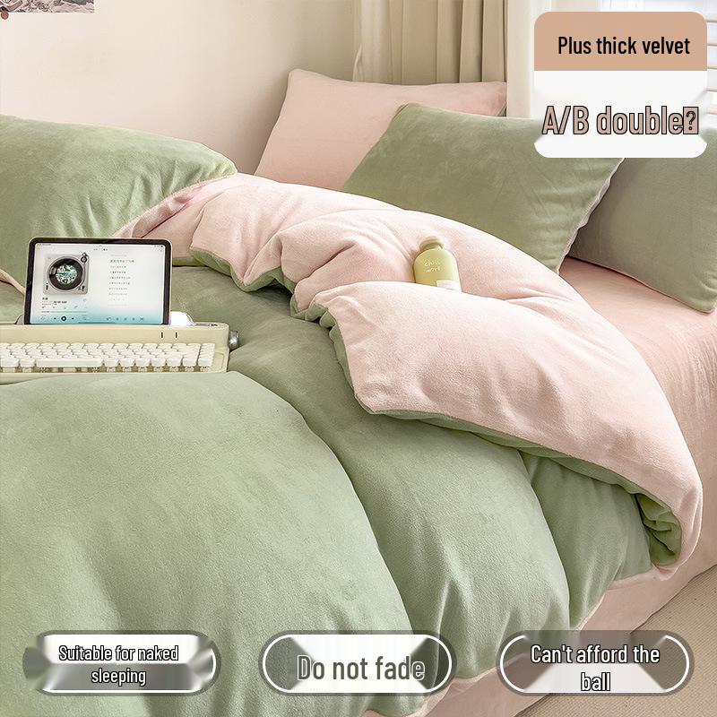 Winter Milk Coral Fleece Flannel Bedding Set: Double-Sided Plush Quilt Cover & Thickened Bed Sheet Set.