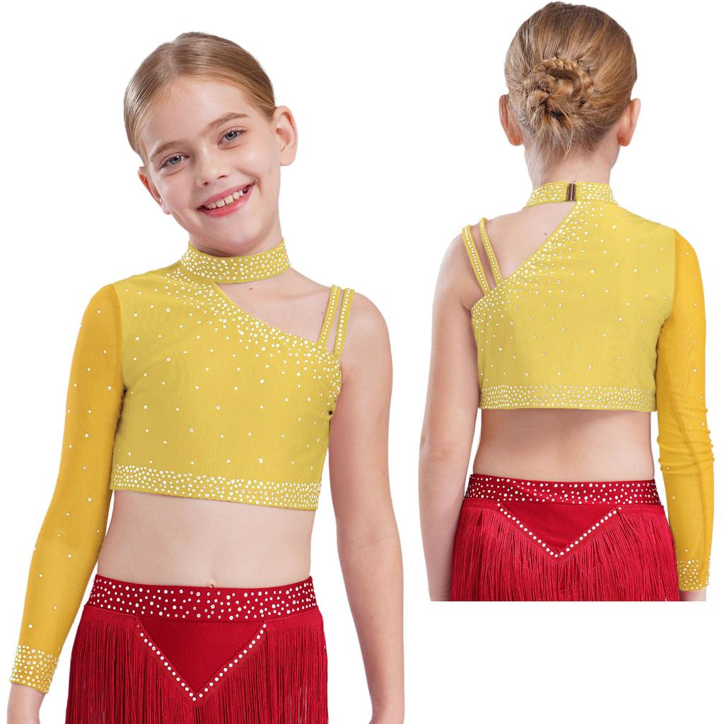 Kinder Mädchen Tanzoberteil Funkelnde Strasssteine Crop Top, Einzigartiges unregelmäßiges Schulterdesign für Bühnenauftritte & Tanzwettbewerbe