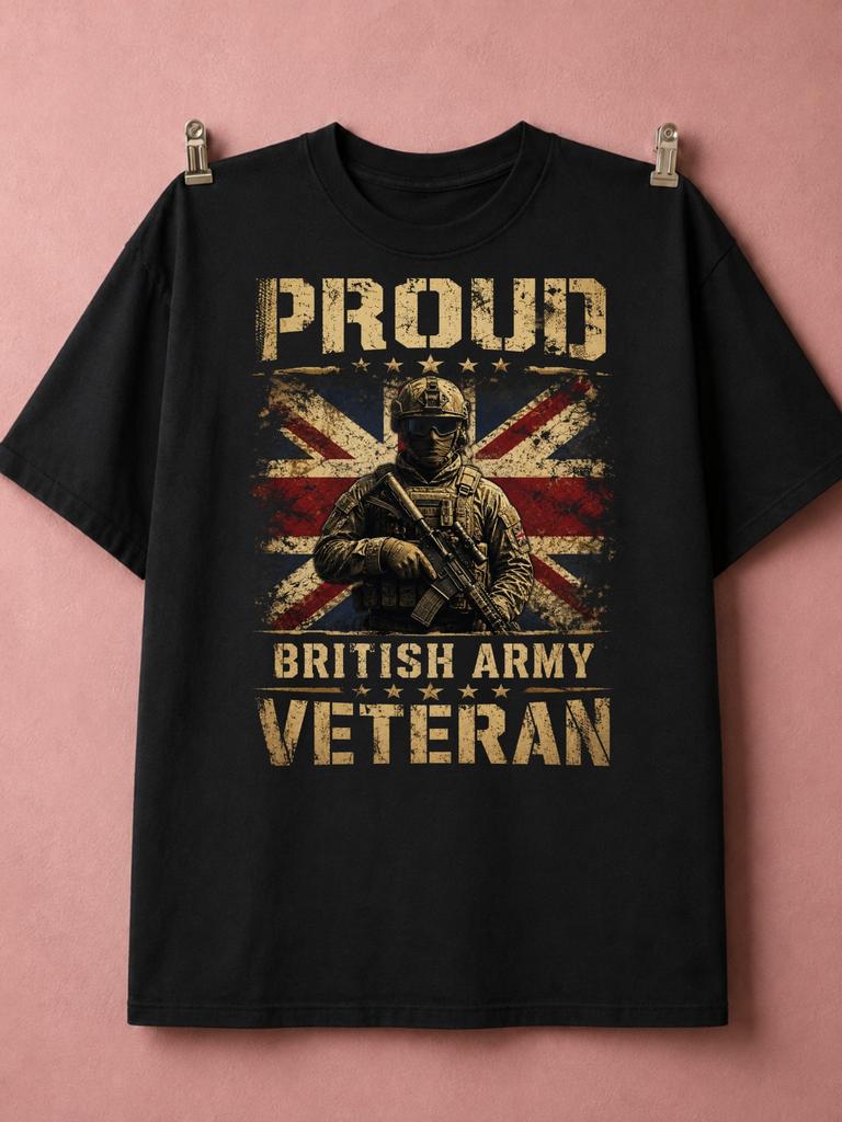 Unisexs Tshirt Proud British Army Veteran Tshirt Armed Soldier Over Distressed Union Jack Uk Military Service Tribute Graphic