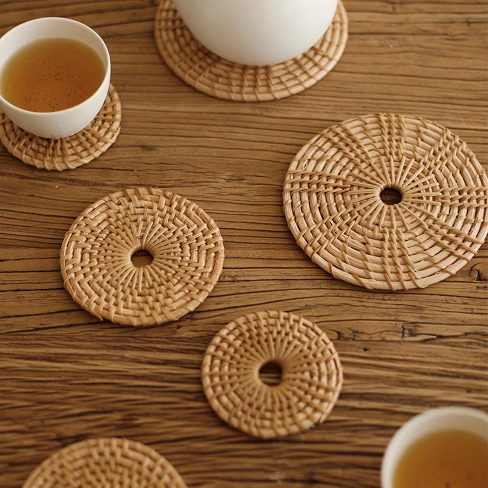 Natural Round Rattan Kitchen Insulation Pad Padding Mat Placemat Bowl Pad Coasters Cup Mats