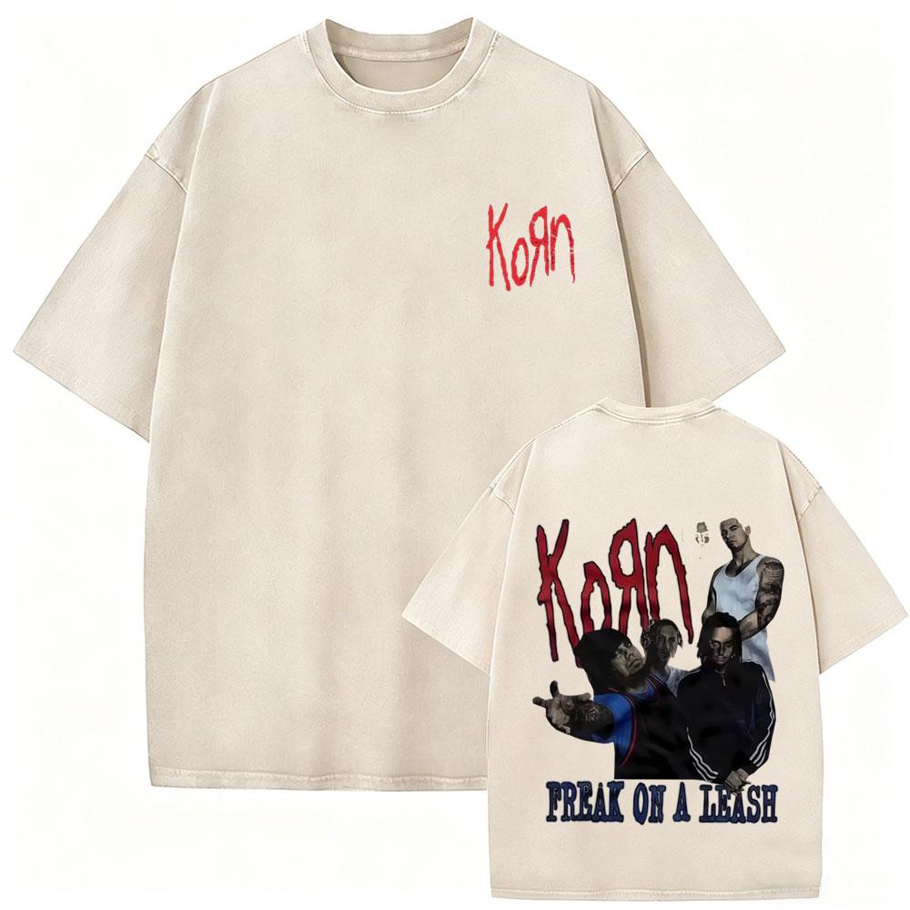 Washed Vintage Rock Band Korn Freak on A Leash Double Sided Print T Shirt Men Gothic Casual Oversized Tees Unisex Summer Tshirt
