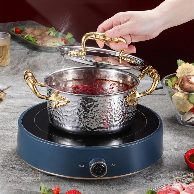 304 Stainless Steel Hammer Printed Golden Hot Pot 16cm Commercial Single Pot One Person and One Pot for Induction Cooker Pots