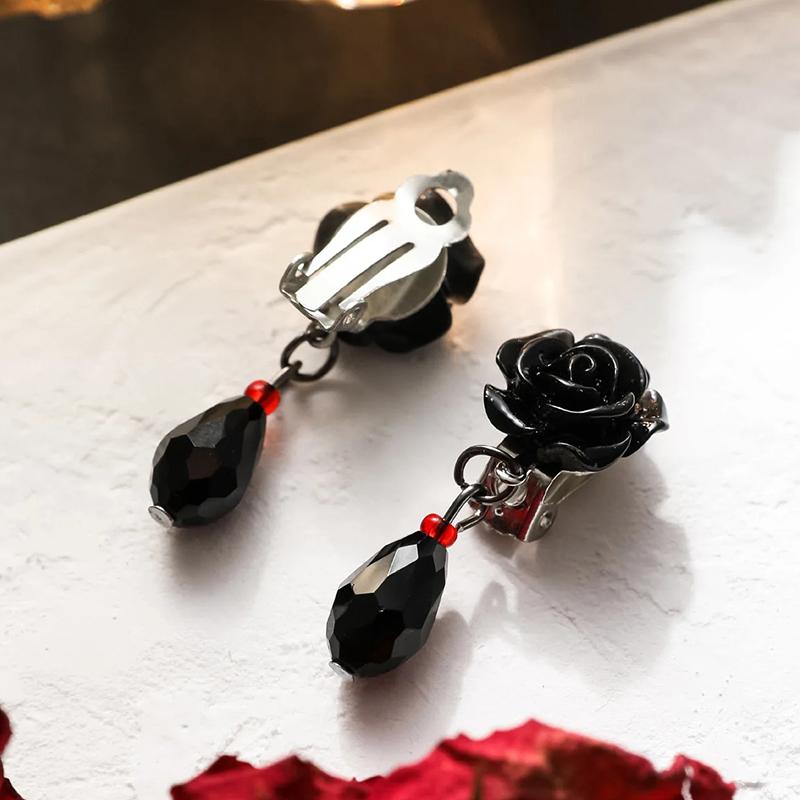 

Trendy Dark Punk Niche Design Black Rose Heart-shaped Tassel Earrings Women s Accessories Fashionable Versatile Gothic Ear Clip
