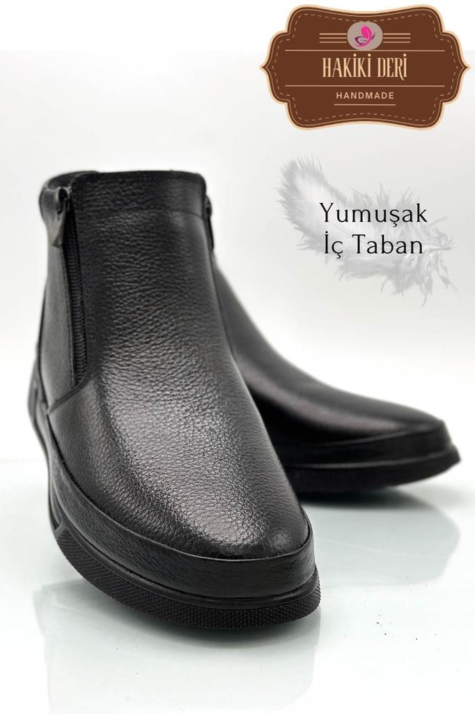 Men's Fashion Genuine Leather Flat Heeled Booties Bootie Insole Pad Non-Slip Sole Double Zipper Leather Dad Boots Syringe Black Shoes