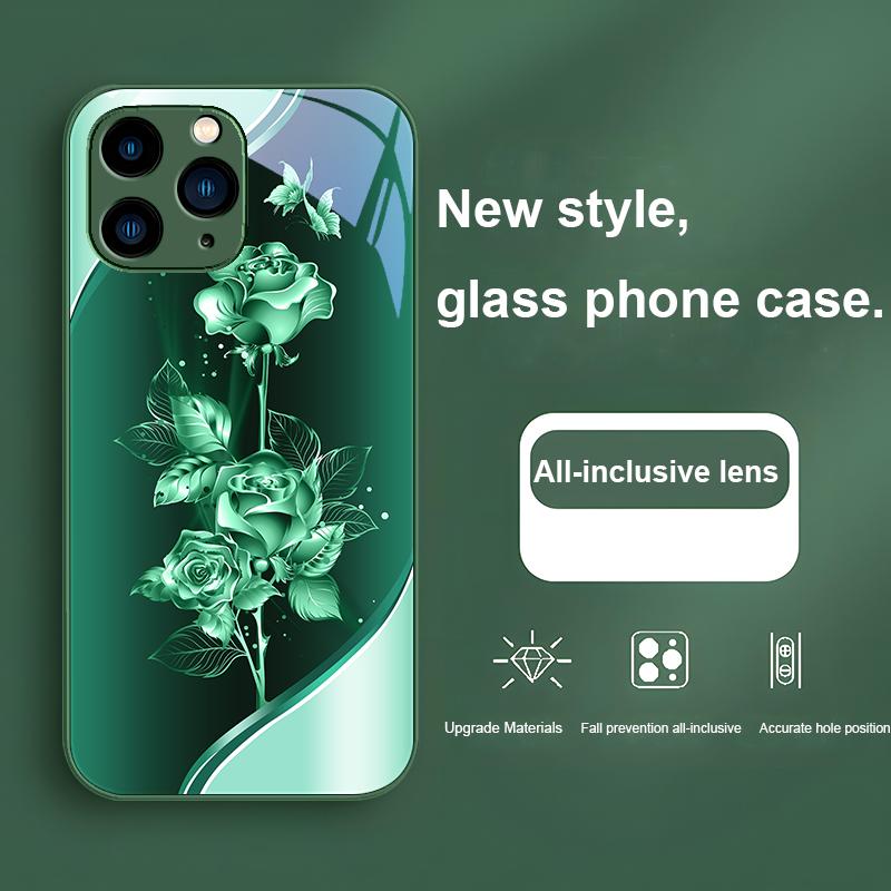 Dazzling Rose Brilliant Red Green For Iphone 15 14 13 12 11 Pro Max X XS XR 7 8 Plus 2020 2022 SE Tempered Glass Phone Case
