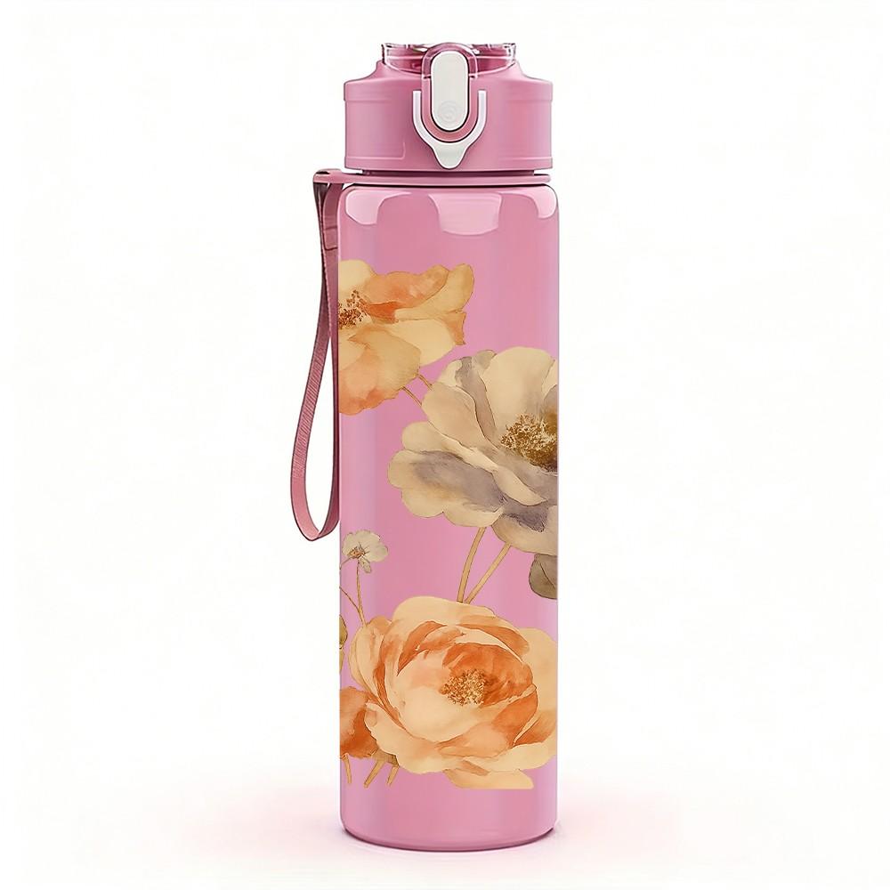 1PC Vintage Brown Rose Floral Print 750ml Color Plastic Sports Water Bottle Leakproof Flip Straw Lid Suitable for Sports Office Home Use