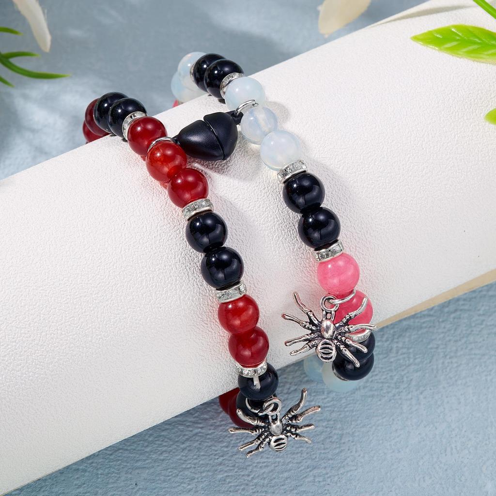 "Halloween Spider Love Magnetic Bracelet: Adjustable Beaded Jewelry for Couples"