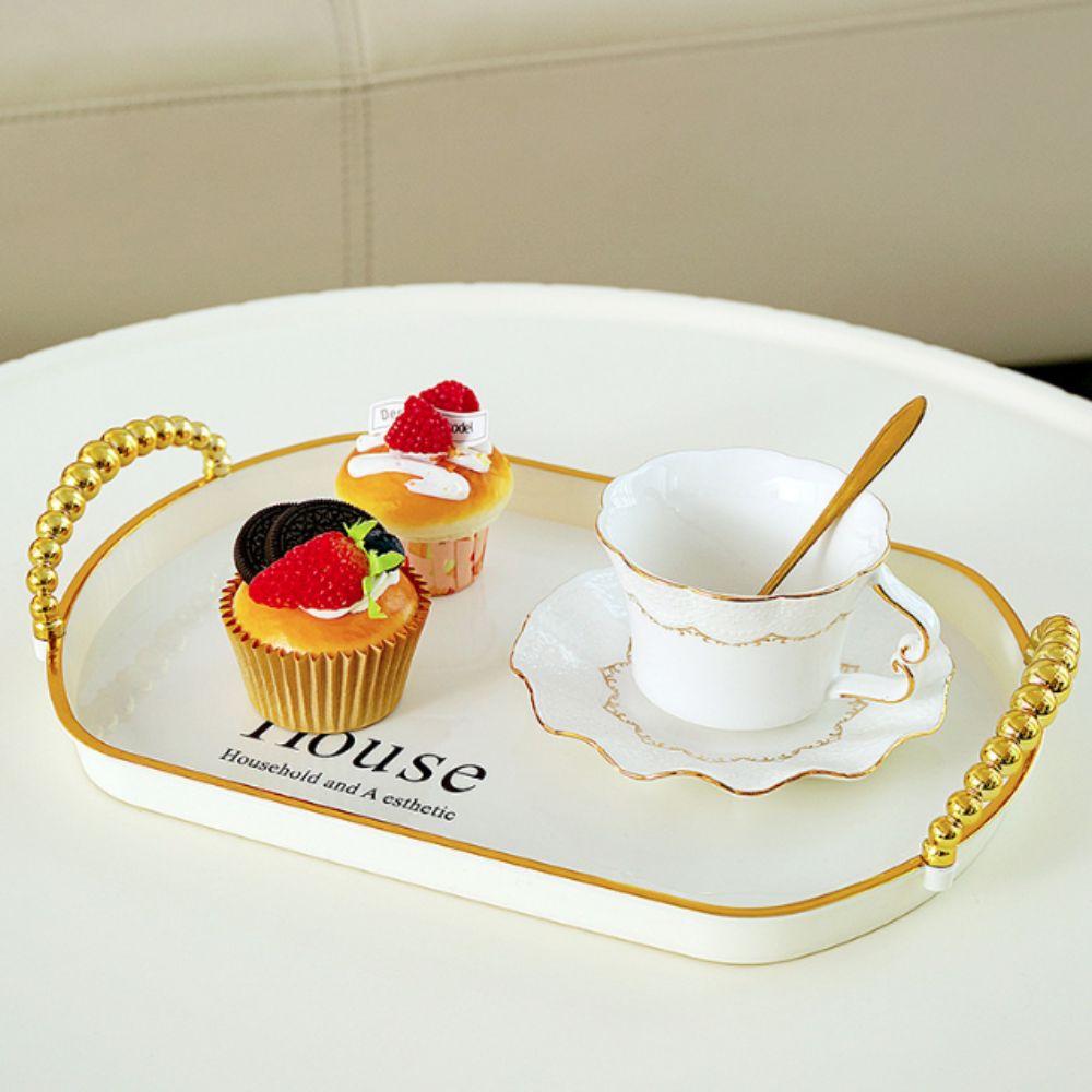 3PCS Light Luxury Plastic Tea Tray Set Golden Handle Rectangular Dessert Tray Stackable Thickened Brunch Tray Fruit