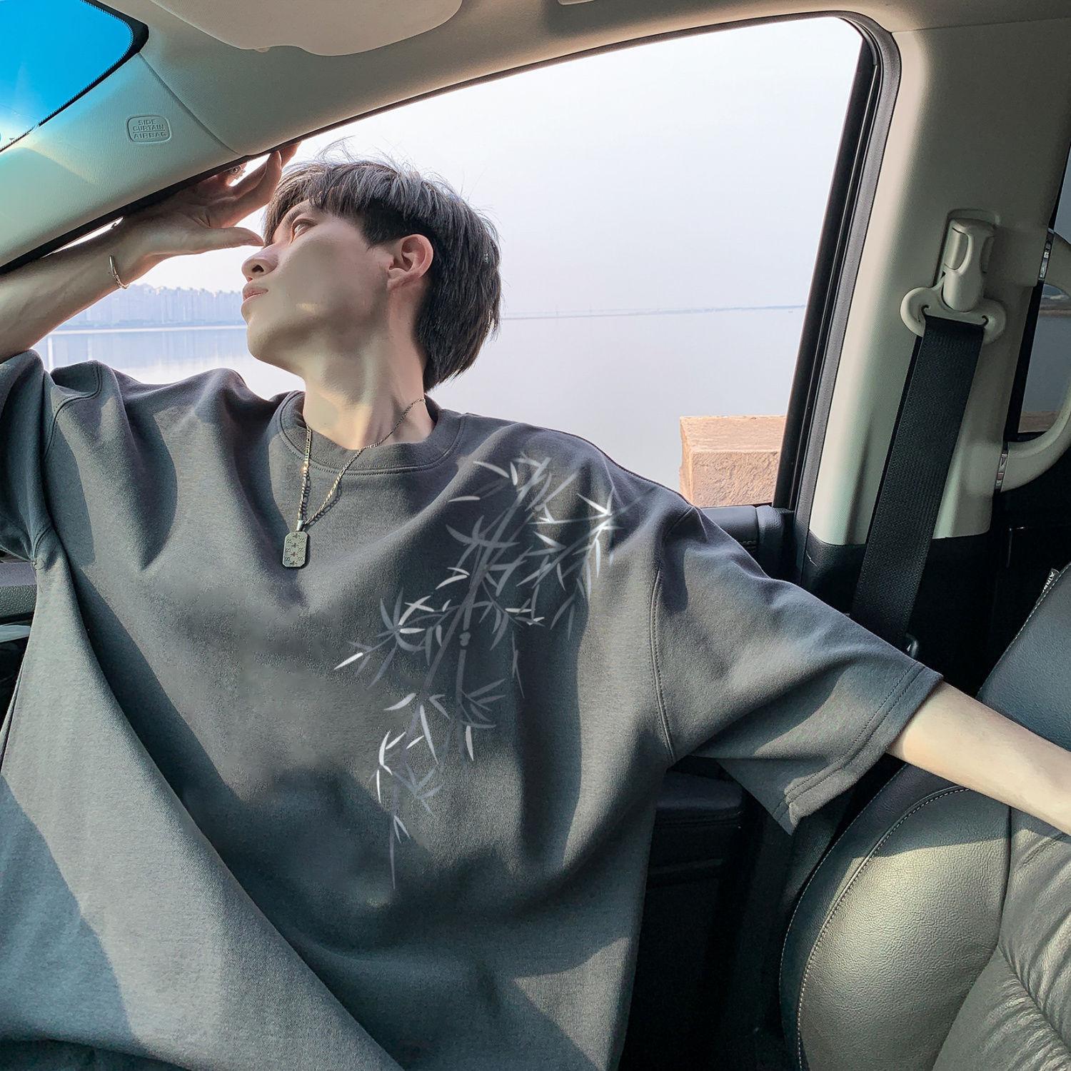 

Тяжелая мужская футболка 220 г в новом китайском стиле для лета, мужская одежда в китайском стиле, парная, с короткими рукавами и рукавами три четверти 5XL серый