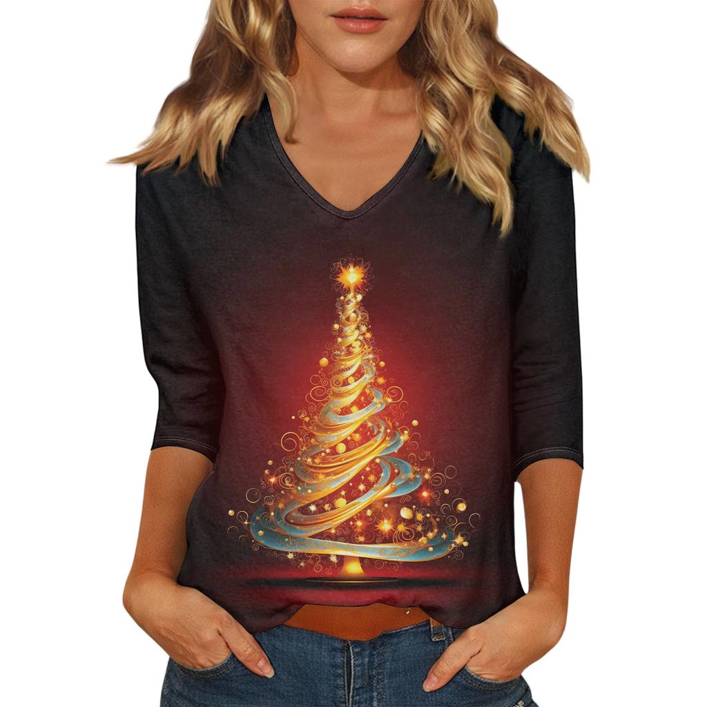 Women's Casual Fashionable Sexy Comfortable V-Neck Christmas Three-Quarter Sleeve Top