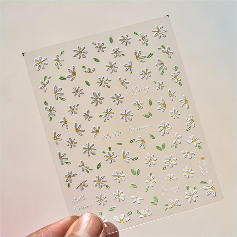 1Sheet 5D Soft Embossed Relief Nail Stickers Cute Daisies Self Adhesive Slider Stickers Press On Nails DIY Nail Art Dec