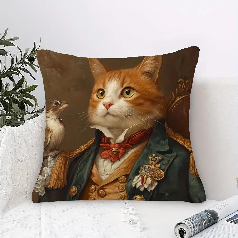Panika Chen Unisex 1Pc Funny Cat Living Room Pillow Cover, Polyester 2D Double-Sided Print, Regal Victorian Cat Cushion, Cat Enthusiast Home Gift