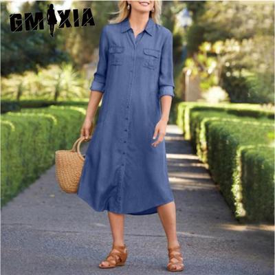 Cowboy Multi Pocket Dress Elegant Solid Colour Plus Size Casual Dress