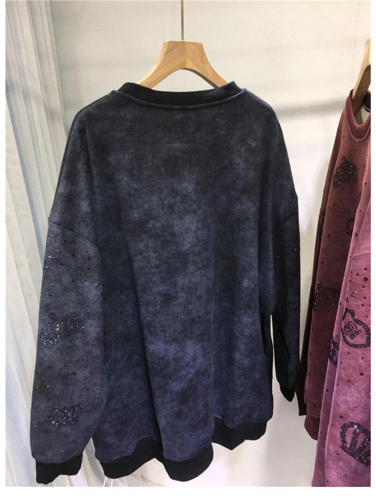 European Crown Hotfix Diamond Sweater - Plus Size, Velvet-Lined, Round Neck, Long Sleeve Luxury Top