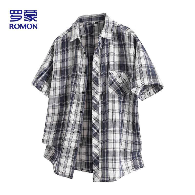 ROMON Men s Casual Non-Iron Plaid Short-Sleeve Shirt L