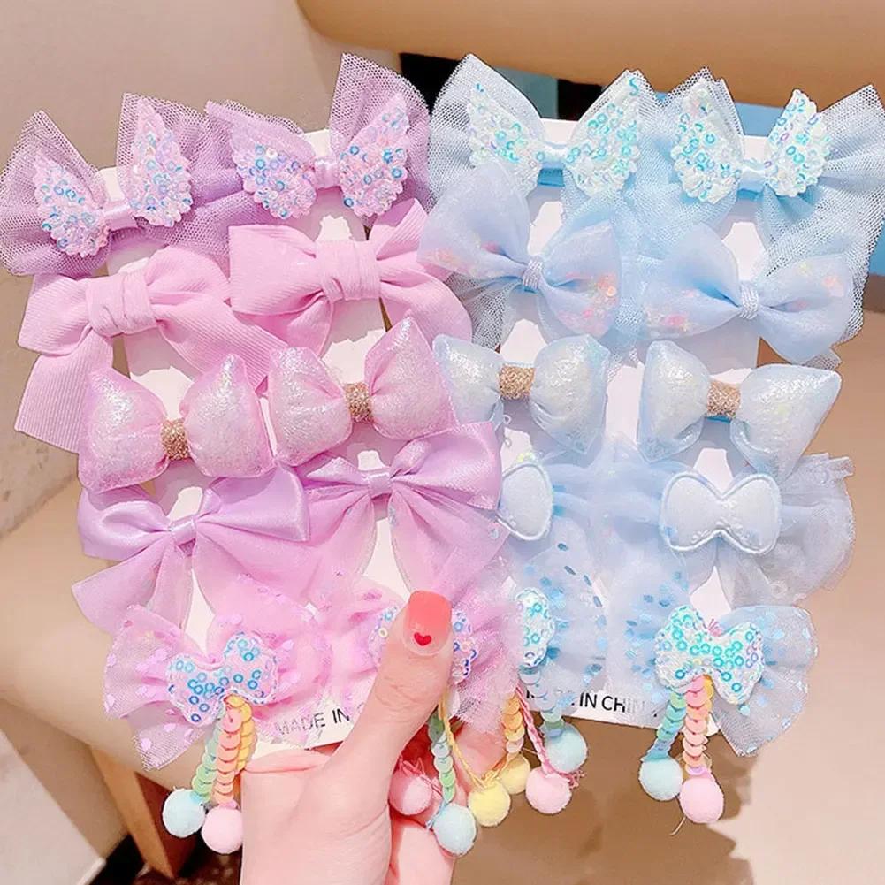 10pcs/set Mesh Bowknot Flower Hair Clips Sweet Cute Children Colorful Hairpin Headwear Hair Accessories