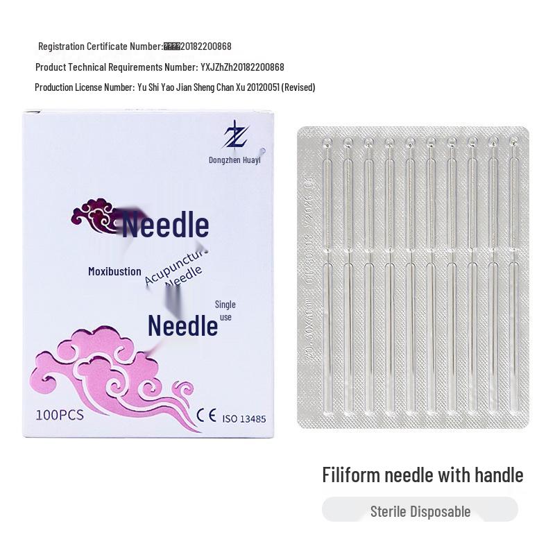 Huayi Medium Acupuncture Needles with Ring Handle, Disposable, Individually Packaged, 100 Needles/Box