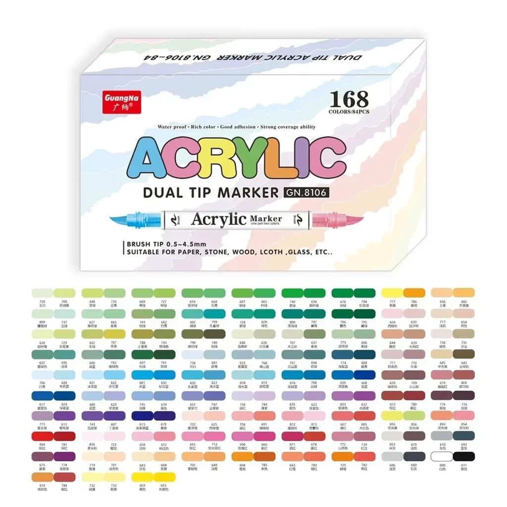 GUANGNA 168-12 Colors Acrylic Marker Pen for Rock Painting Brush Tip Paint Marker Christmas Markers Waterproof Art Supplies
