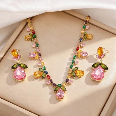 Kleurrijke Zirconia Strass Waterdruppel Ketting Oorbellen voor Vrouwen Bloemen Oorbellen Kettingen Banketjurk Sieraden Set