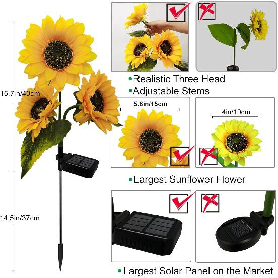 2 Pack Sunflower Solar Lights Outdoor Decor with 3 LED Sunflower Yellow Flower Lights Decorative Waterproof for Patio Lawn Garden Yard Pathway