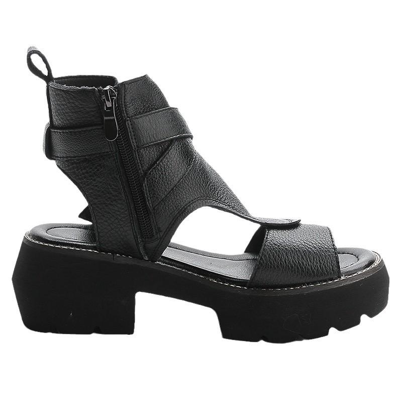 2025 New Summer Shoes Retro Genuine Leather Wedges Platform Peep Toe High Heel Fish Mouth Black Women Sandals
