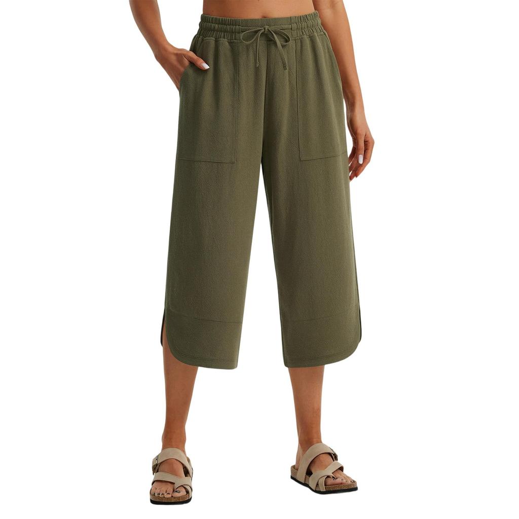 Women Linen Pants Wide Leg Elastic High Waisted Palazzo Trousers Casual Loose Beach Vacation Clothes With Pockets