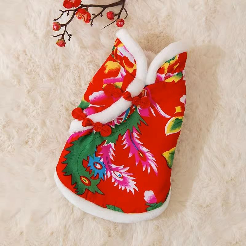 Autumn and Winter Ethnic Wind Northeast Big Flower Padded Jacket Dog Clothes Small and Medium Dog Teddy Chinese New Year Festive Pet Clothes