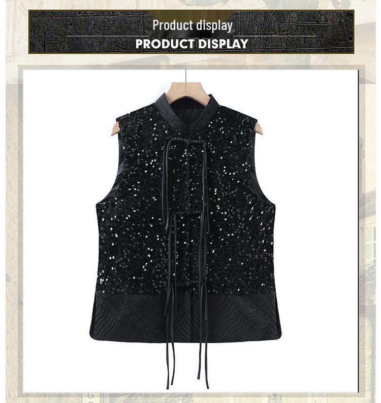 Retro Chinese Style Sequin Velvet Waistcoat with Frog Button