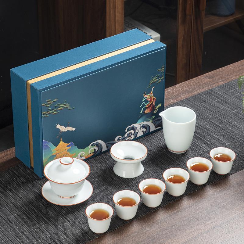 Kung Fu tea set commercial blue and white porcelain simple teacup ceramic tea cover bowl gift box business gift