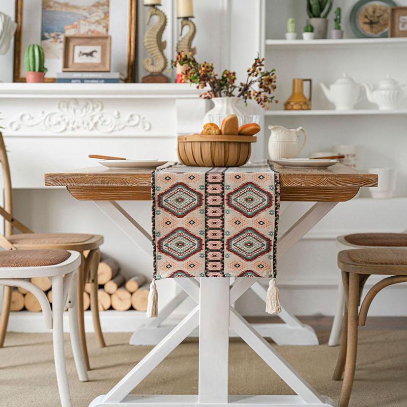 

Oil Painting Printed Table Runner with Tassels American Table Cloth for Wedding Party Cozy Cotton and Linen Home Accessories 30x160cm