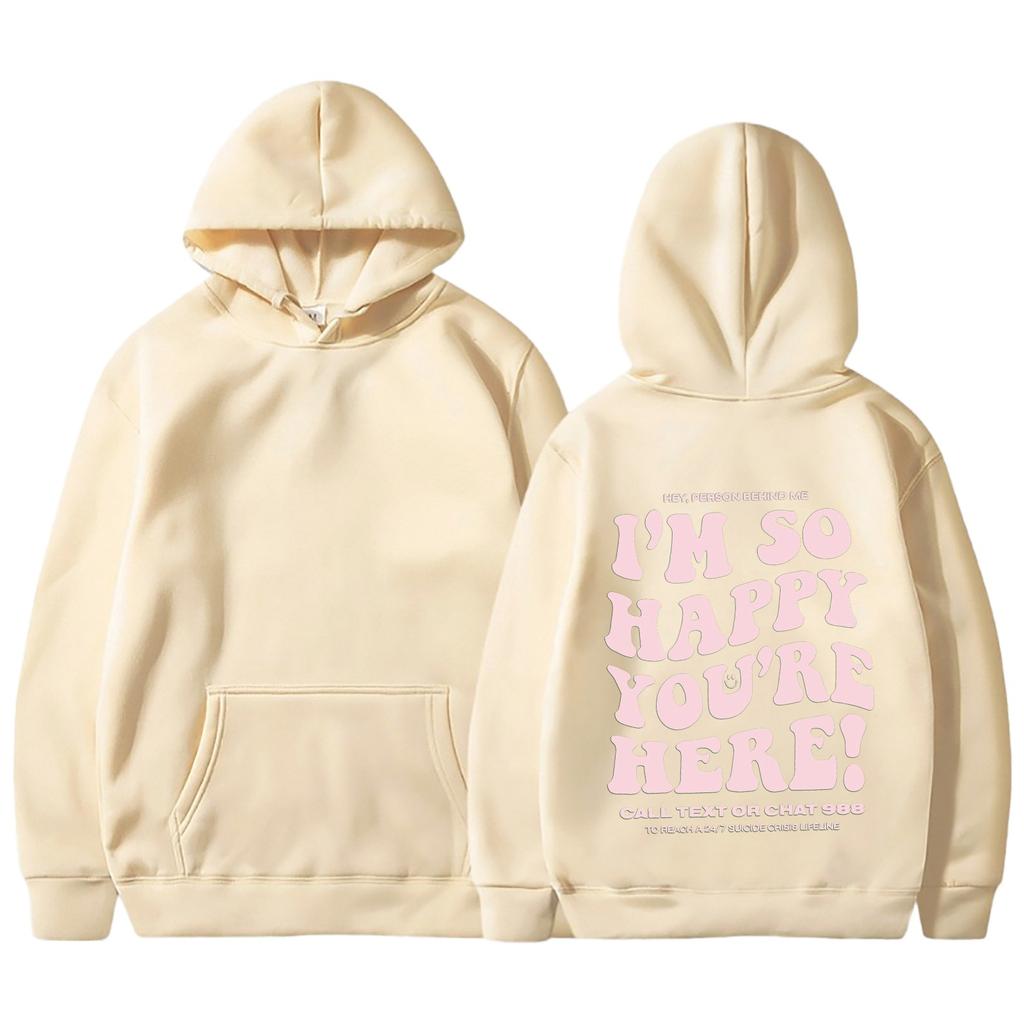 I'M So Happy You'Re Here European And American New Fashion Letter Print Hooded Back Collar Plush Sweater For Women