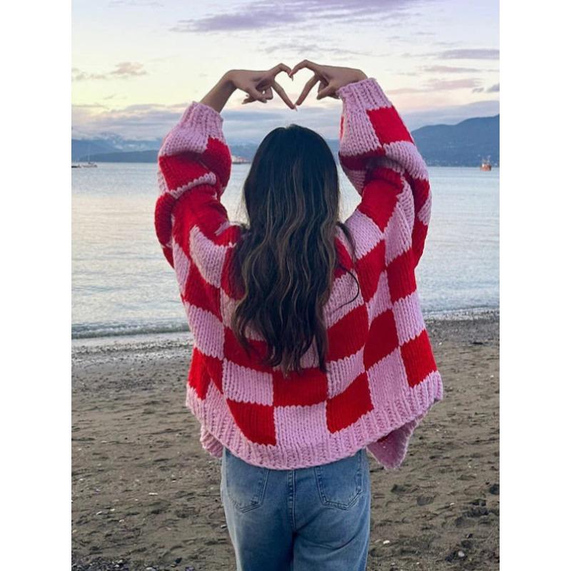 Autumn and Winter New Casual Loose Checkered Contrasting Coarse Needle Cardigan Cute Knitted Sweater Jacket for Women