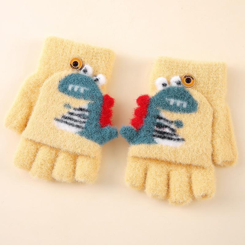 Dětské roztomilé kreslené dinosauří palčáky s odklápěcí horní částí: Hřejivé vlněné rukavice bez prstů na zimu