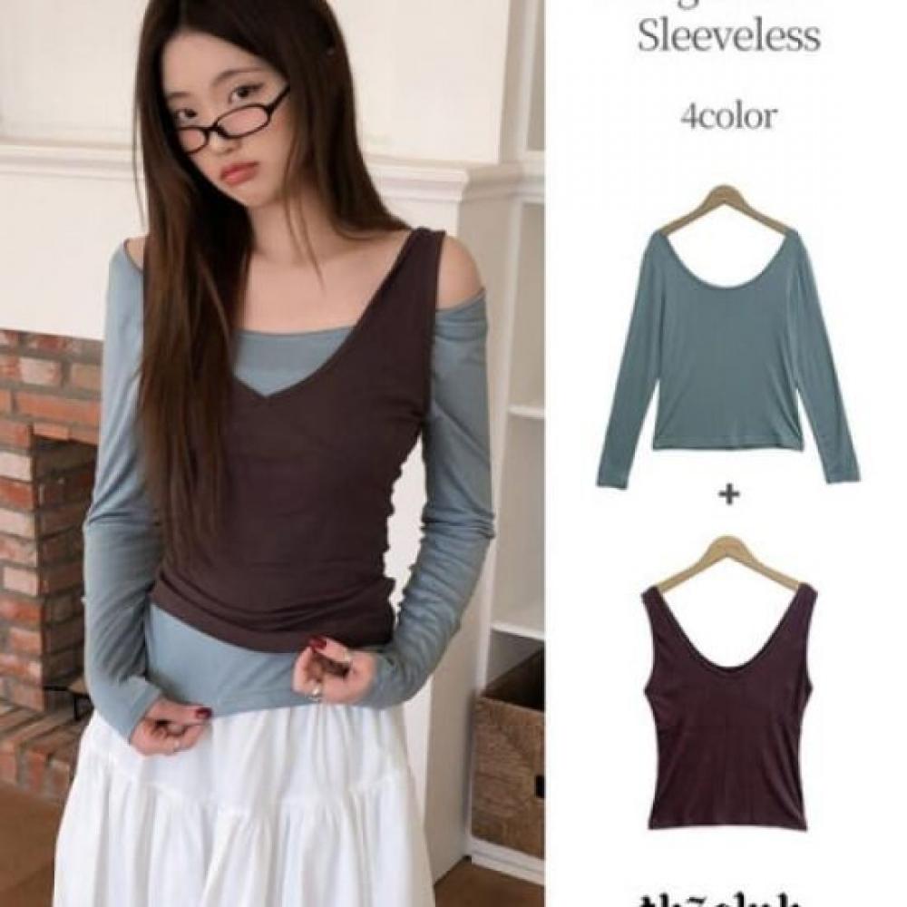 The Pink Women Layered Color Block Ribbed Tank Top + Long Sleeve Tee Set