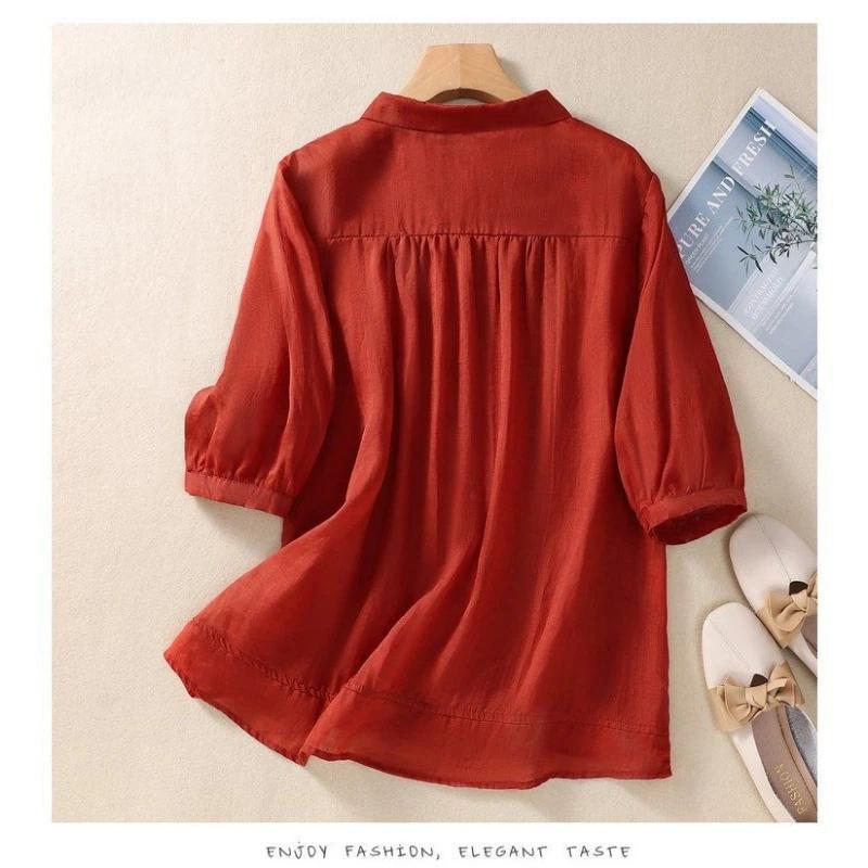 Camicia da donna in cotone con colletto a punta, manica corta, ricamo floreale, bottoni
