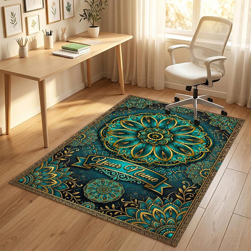 Golden Mandala Theme Soft Crystal Velvet Rug Custom Name & Text Print Non Slip Floor Rug for Bedroom Living Room