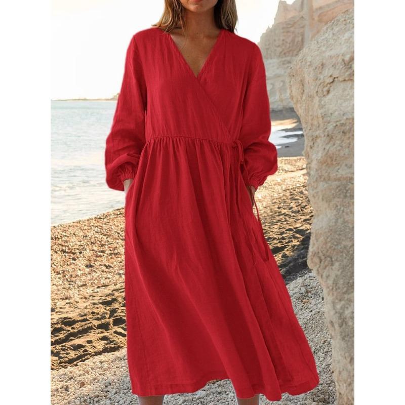 DICIFY Women's Fashion V-Neck Long Sleeve Autumn Winter Solid Color Print Casual Dresses