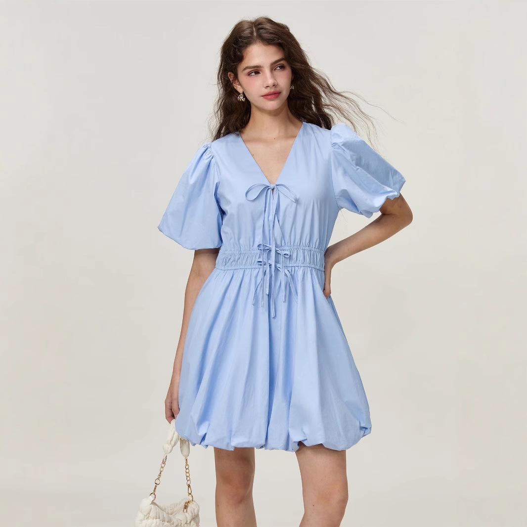 

2025 Women s V-Neck Short-Sleeve Dress with Bow-Tie and Elastic Waist M чёрный