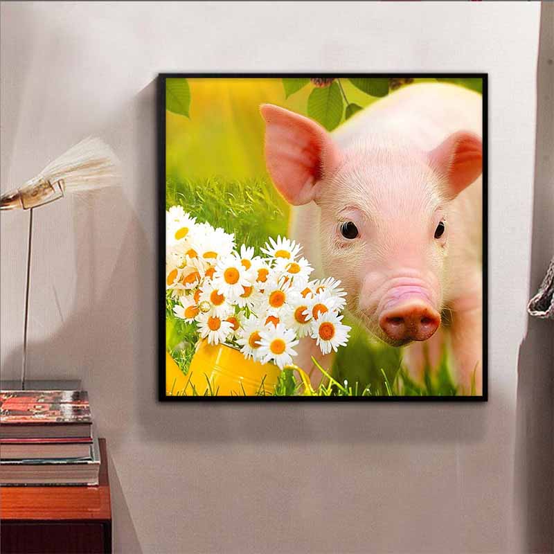 New Arrival 5D DIY Full Circle Diamond Painting "Piggy In the Flowers" Embroidery Cross Stitch Home Decor Gift
