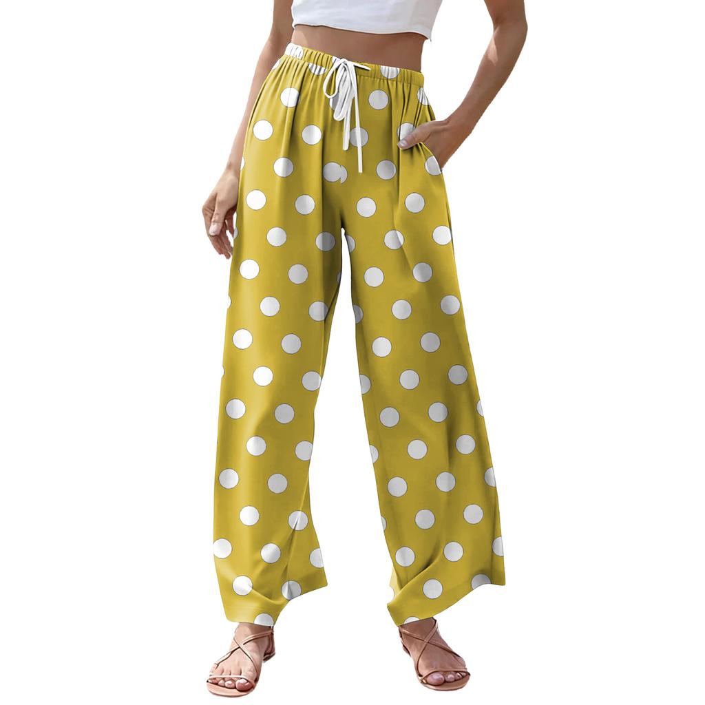 Women's Casual Dot Print Wide Leg Drawstring Pocket Beach Casual Pants