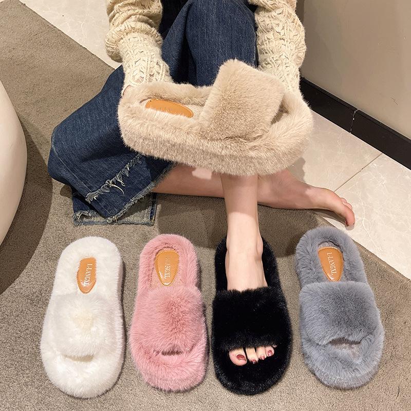 Height-increasing thick-soled fluffy slippers women's autumn and winter outer wear fluffy shoes one-word ins home home plush drag spring and summer