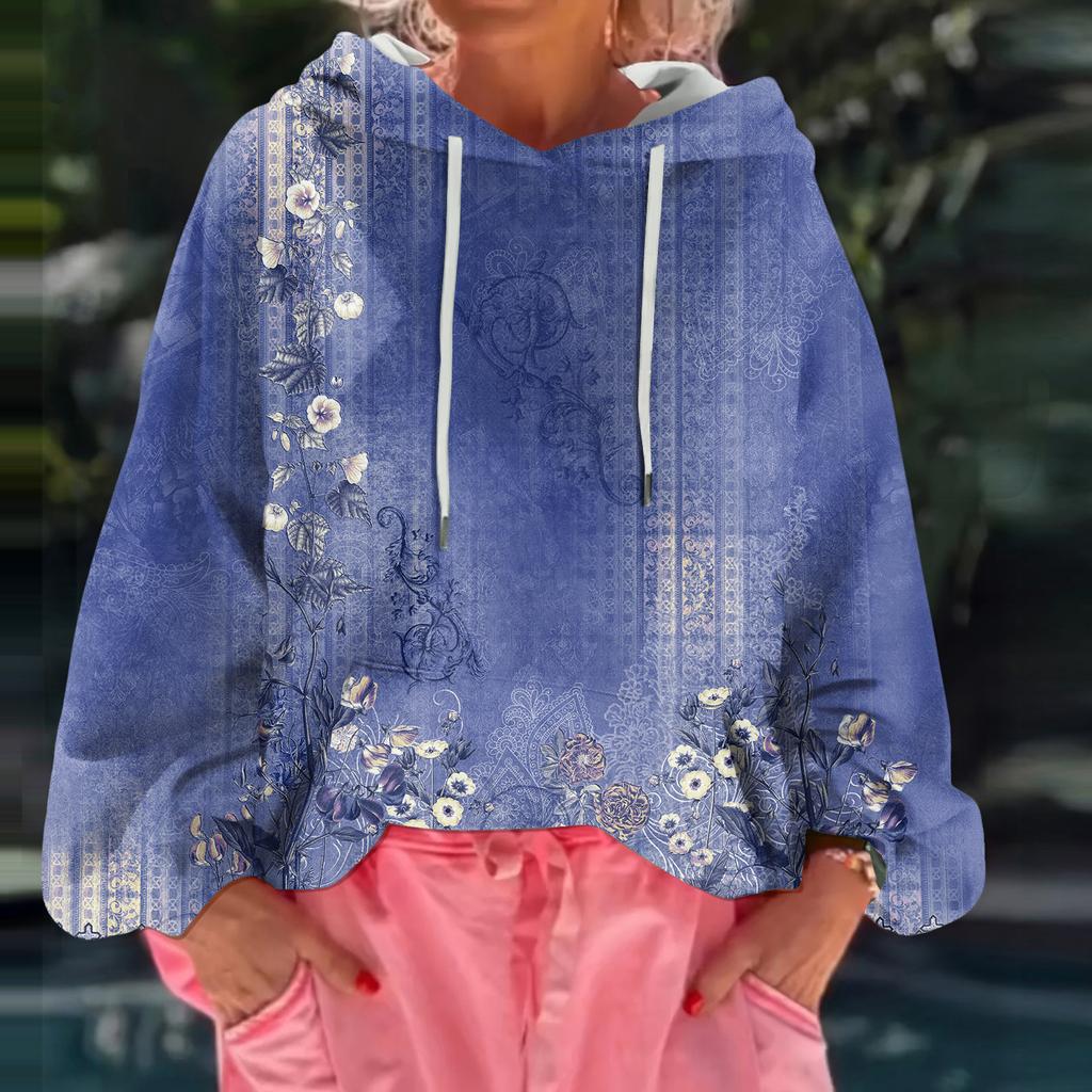 Women's Floral Print Loose Casual Long Sleeved Hooded Sweatshirt
