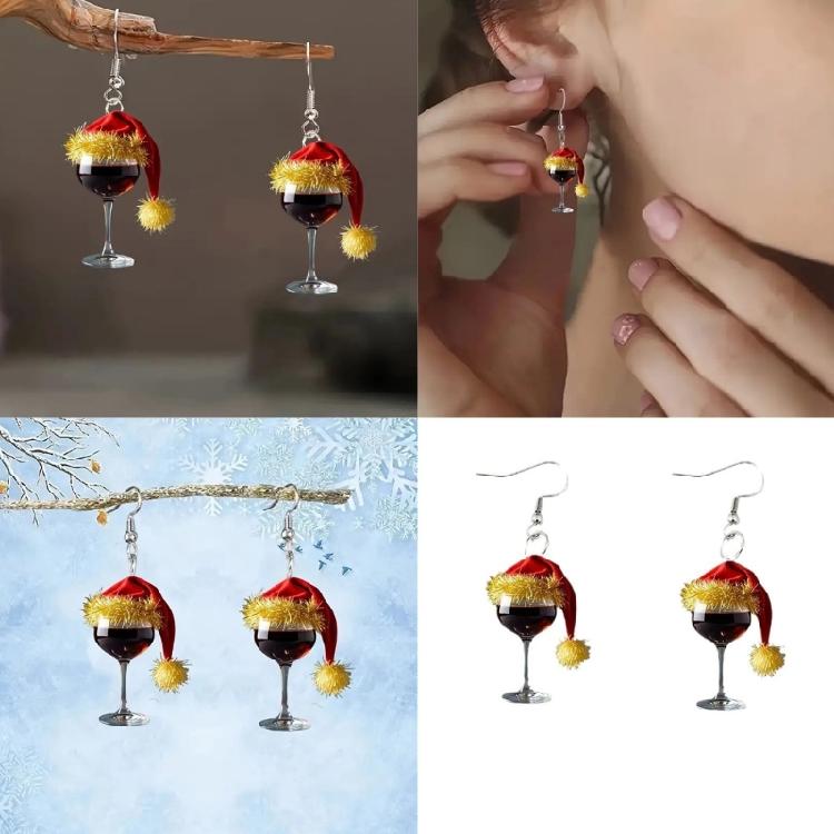 2Pairs Christmas Themed Earrings Lightweight and Comfortable Wine Glass and Hat Designs for Seasonal Celebrations