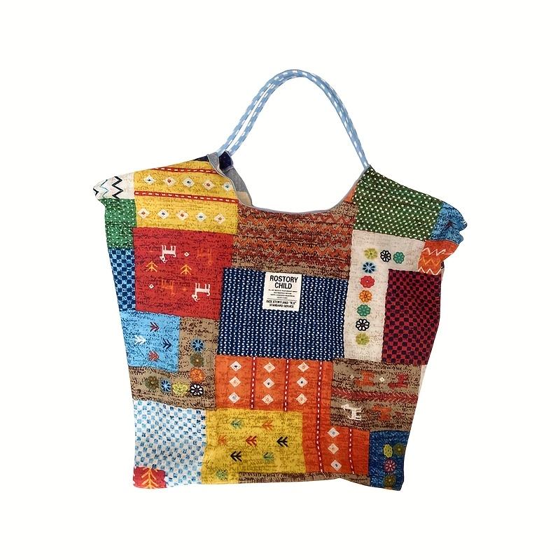 

1pc Bohemian Single Shoulder Bag, Large Capacity, Canvas, Checkered Pattern, Mixed Color, with Drawstring Closure and Lining, for Spring, Summer