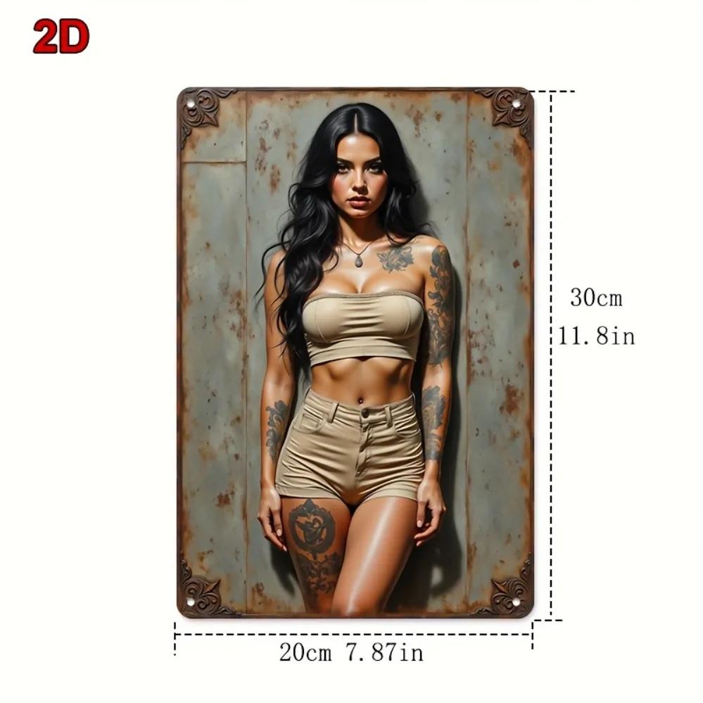 Ретро Девушка с Татуировкой Металлическая Жестяная Вывеска Винтажный Декор Стены 8x12 Домашний Бар Кафе 20x30