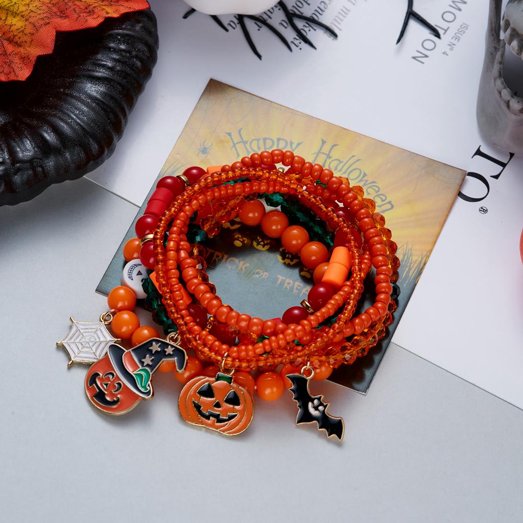Halloween Spider Bat Multi-layer Stacked Bracelets Set for Women Pumpkin Boo Rice Beaded Bracelets Party Festival Jewelry Gifts