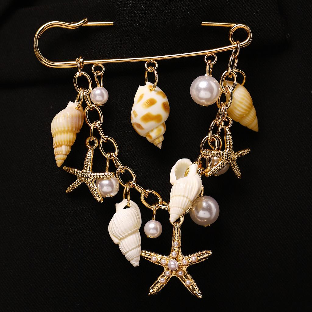 Bohemian Starfish Conch Shell Imitation Pearl Pendant Brooches for Women Men Beach Vacation Style Suits' Brooches Accessories