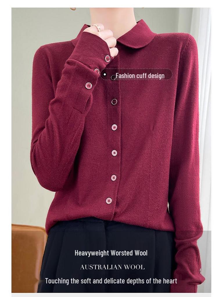 2025 Early Autumn Merino Wool Polo Collar Knit Cardigan, Long Sleeve Solid Color, Loose Fit Versatile Shirt