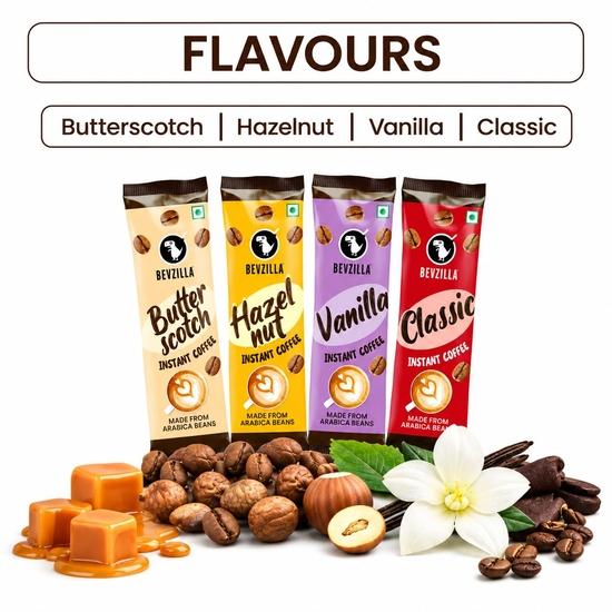 Bevzilla 60 Instant Coffee Powder Sachets (4 Flavours) – 120 Grams | Hazelnut, Classic, Vanilla & Butterscotch | 15 Pouches Each Flavour